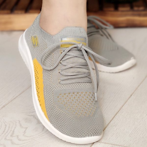 کتونی اسکیچرز طوسی زرد بافت