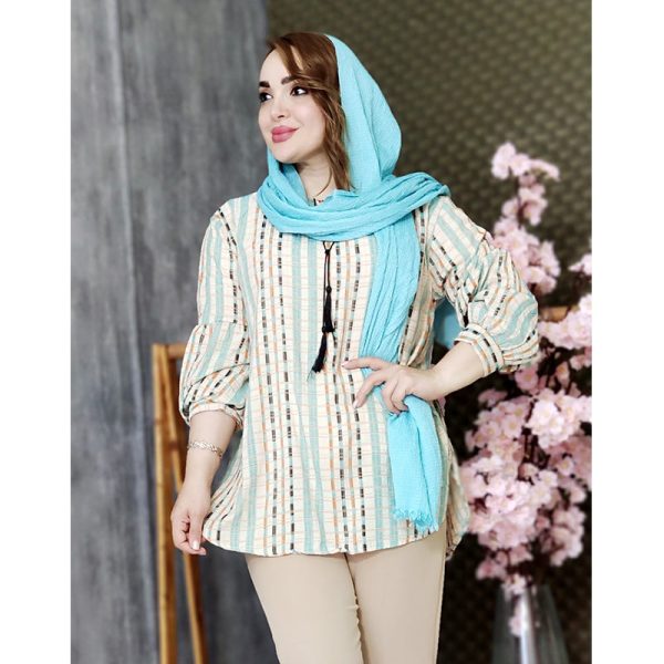 392002-min (1) شومیز طرحدار خطی رنگی 392009 - Image 1