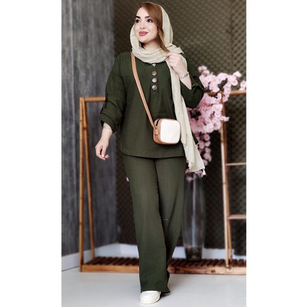 ست تونیک شلوار دکمه چوبی لینن