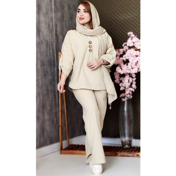 ست تونیک شلوار دکمه چوبی لینن