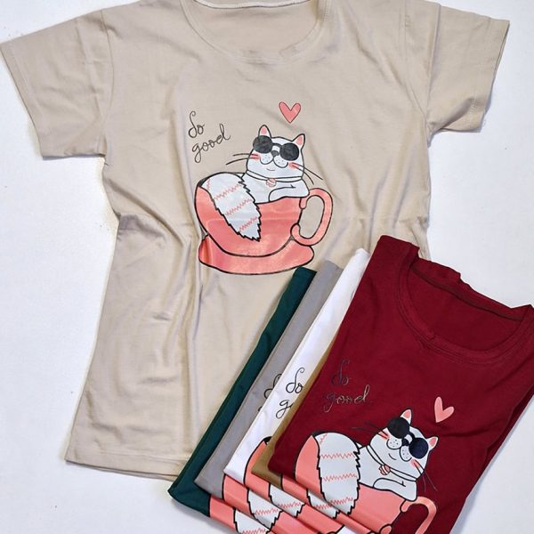 تیشرت نخ پنبه گربه و فنجون