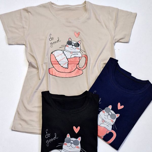 تیشرت نخ پنبه گربه و فنجون