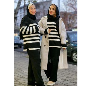 ست بافت راه راه سفید مشکی - مانتو پاتریس رشت