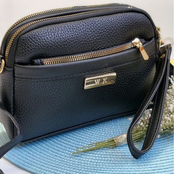 کیف دوشی زیپ طلایی چرم مشکی