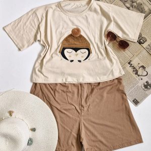 ست تیشرت شورتک گلدوزی پنگوئن نخ پنبه - مانتو پاتریس رشت