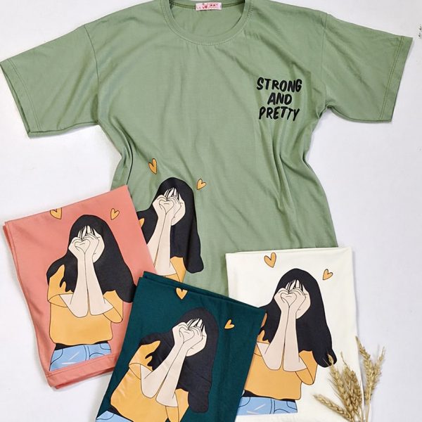 تیشرت چاپ دختر رنگی نخ پنبه