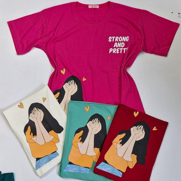 تیشرت چاپ دختر رنگی نخ پنبه