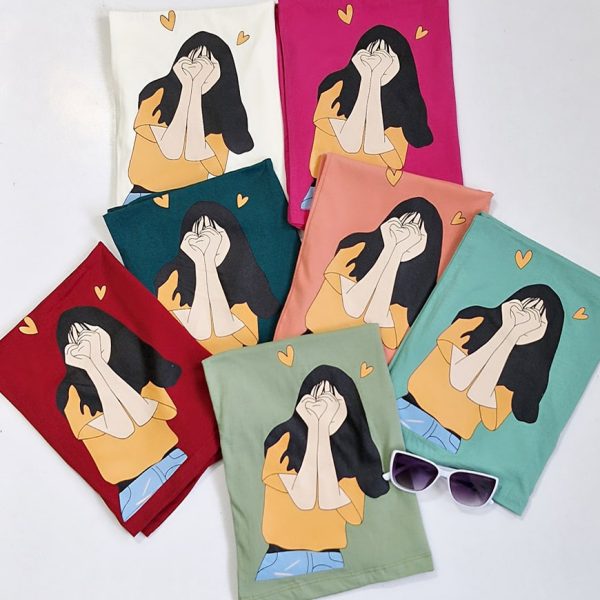 تیشرت چاپ دختر رنگی نخ پنبه