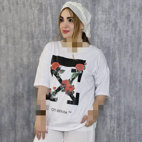 289002229-1 تیشرت لانگ گلدار آف وایت