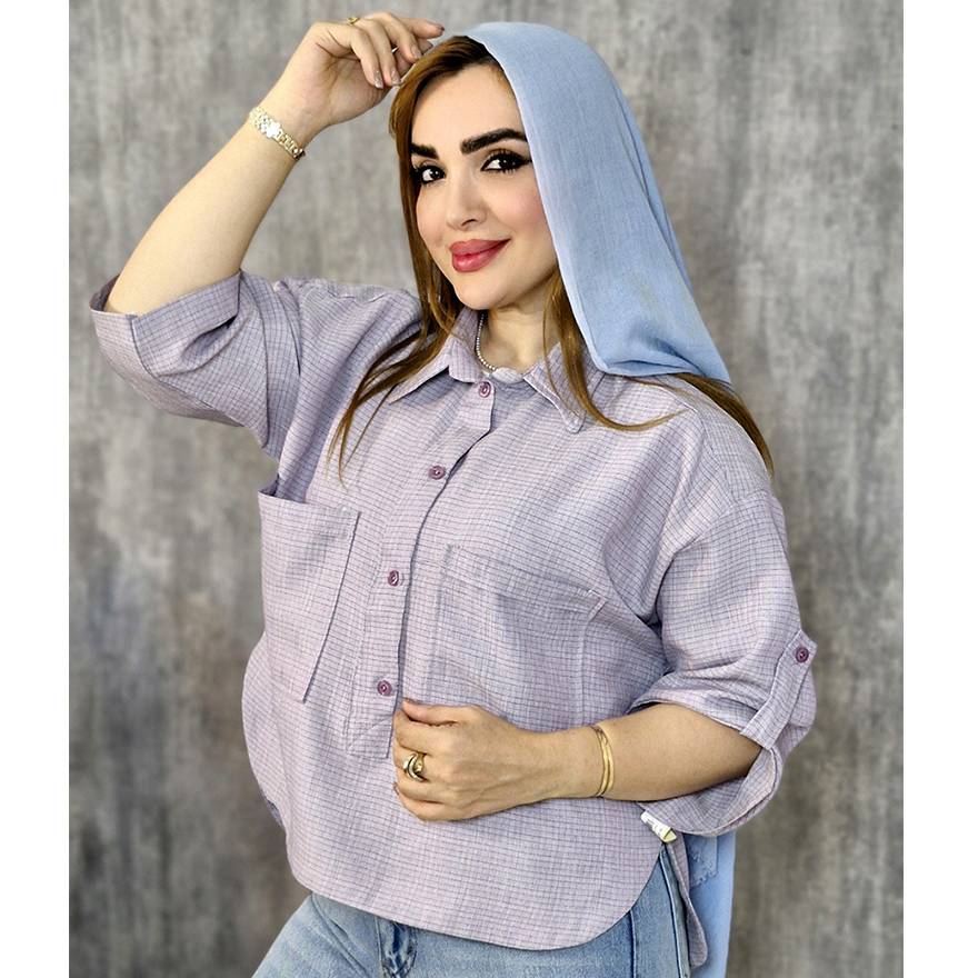 شومیز لینن چهارخونه ریز جلوبسته