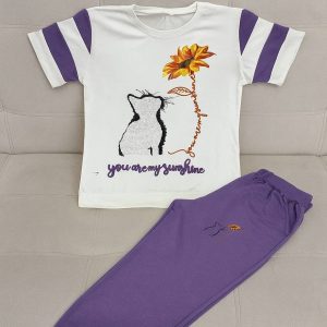 ست تیشرت شلوار گل و گربه