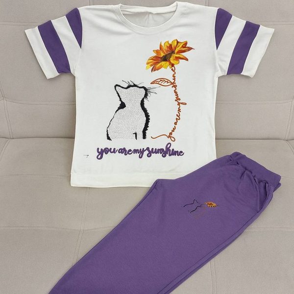 ست تیشرت شلوار گل و گربه