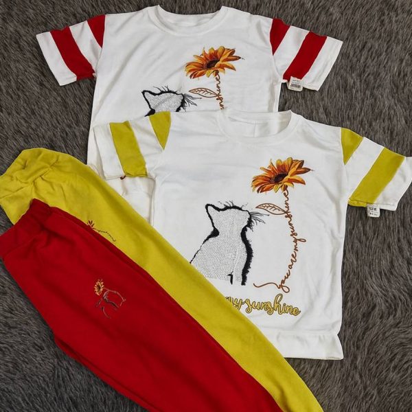 ست تیشرت شلوار گل و گربه