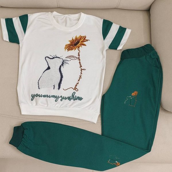 ست تیشرت شلوار گل و گربه