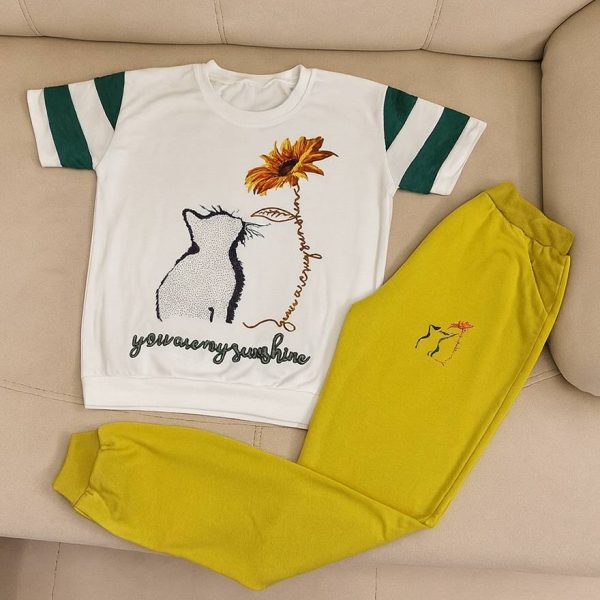 ست تیشرت شلوار گل و گربه