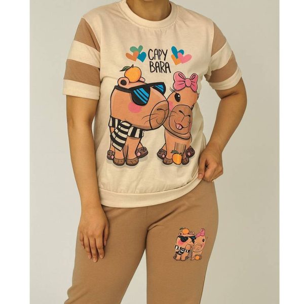 32300428-1 ست تیشرت شلوار کرم طرحدار -