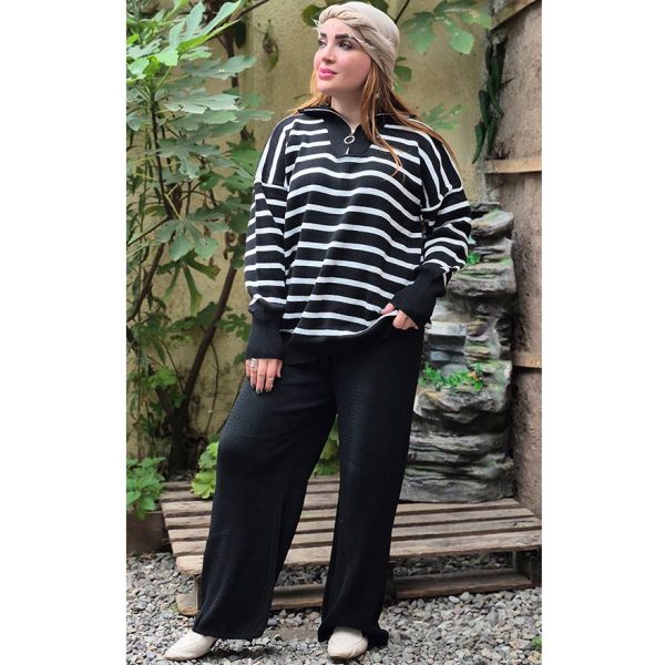 35400221-13 ست بلوز نیم زیپ راه راه و شلوار بافت