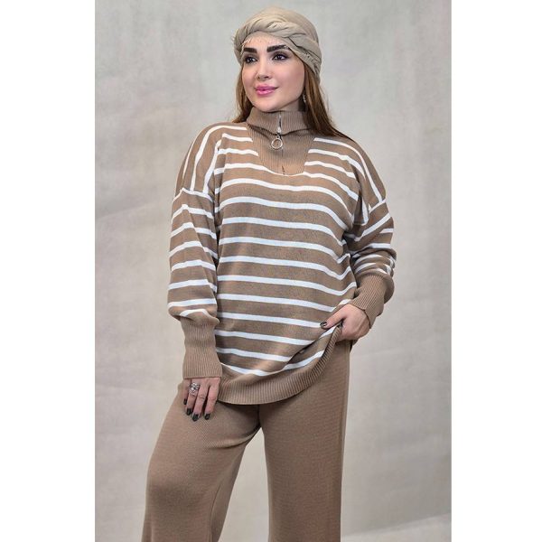 ست بلوز نیم زیپ راه راه و شلوار بافت