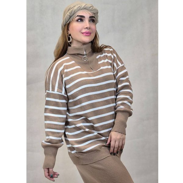 ست بلوز نیم زیپ راه راه و شلوار بافت