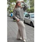 ست بلوز نیم زیپ راه راه و شلوار بافت - مانتو پاتریس رشت