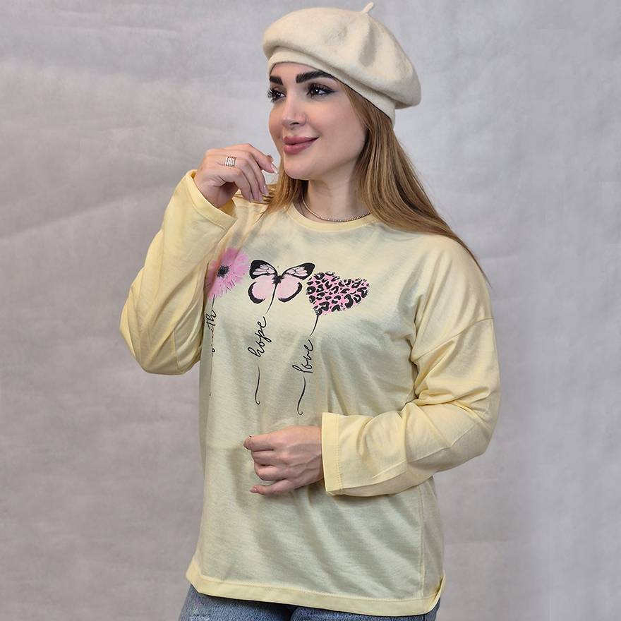 بلوز آستین بلند چاپ پروانه و قلب - مانتو پاتریس رشت