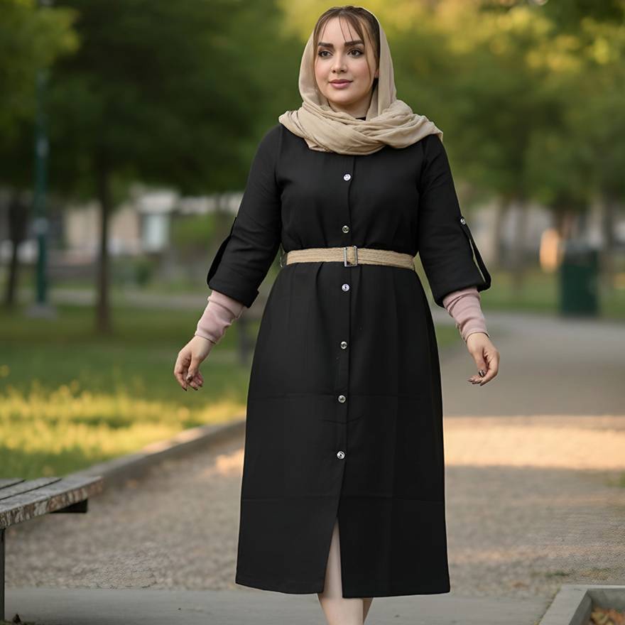 مانتو لینن کجراه بلند مشکی