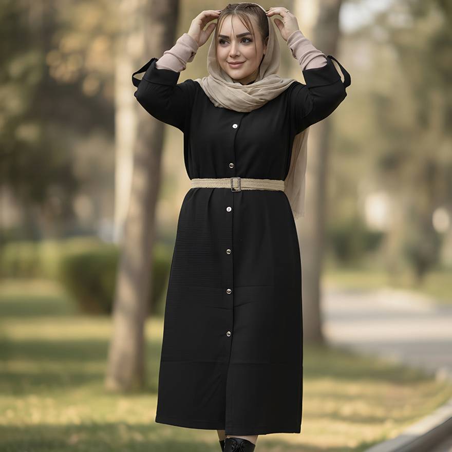 مانتو لینن کجراه بلند مشکی